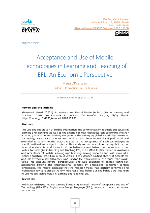 (PDF) Acceptance and Use of Mobile Technologies in Learning and ...