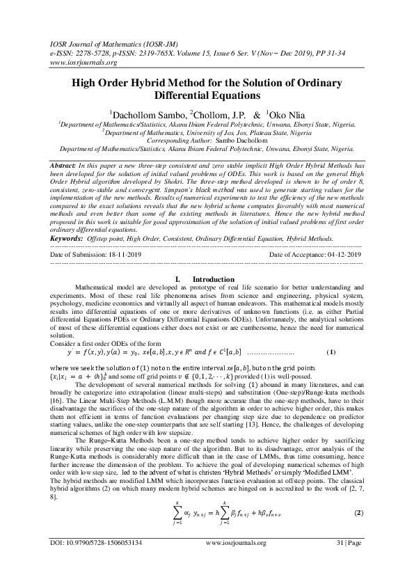 (PDF) High Order Hybrid Method for the Solution of Ordinary ...