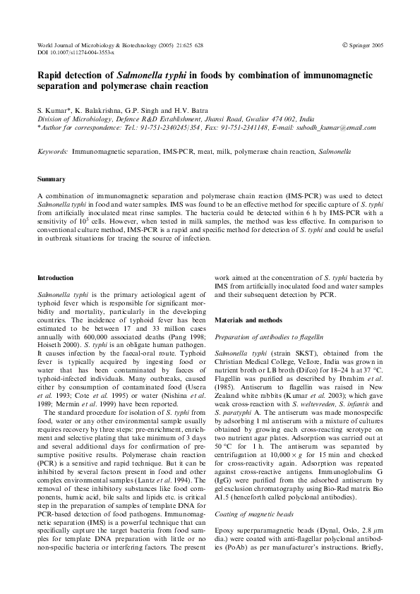 (PDF) Rapid detection of Salmonella typhi in foods by combination of ...