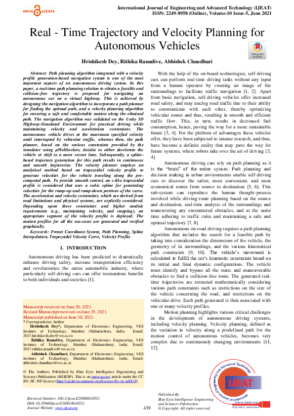 (PDF) Real - Time Trajectory and Velocity Planning for Autonomous Vehicles