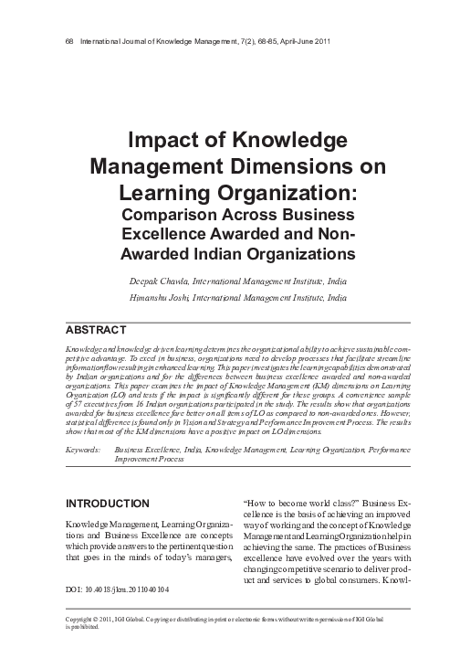 (PDF) Impact of Knowledge Management Dimensions on Learning Organization
