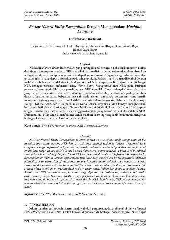 (PDF) Review Named Entity Recognition dengan Menggunakan Machine Learning