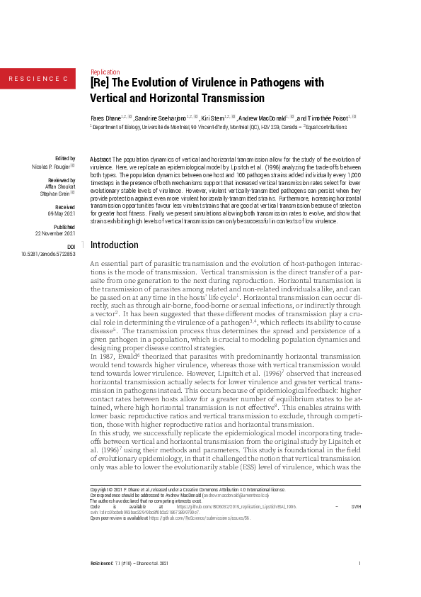 (PDF) [Re] The Evolution of Virulence in Pathogens with Vertical and ...