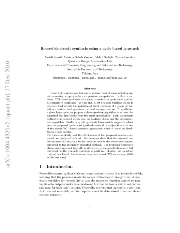 (PDF) Reversible Circuit Synthesis Using a Cycle-Based Approach | Mehdi ...