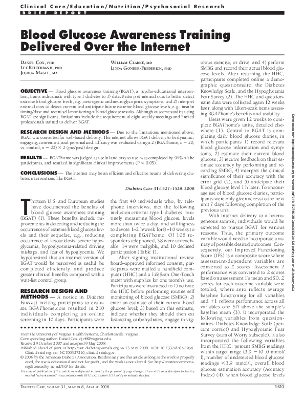 (PDF) Blood Glucose Awareness Training Delivered Over the Internet