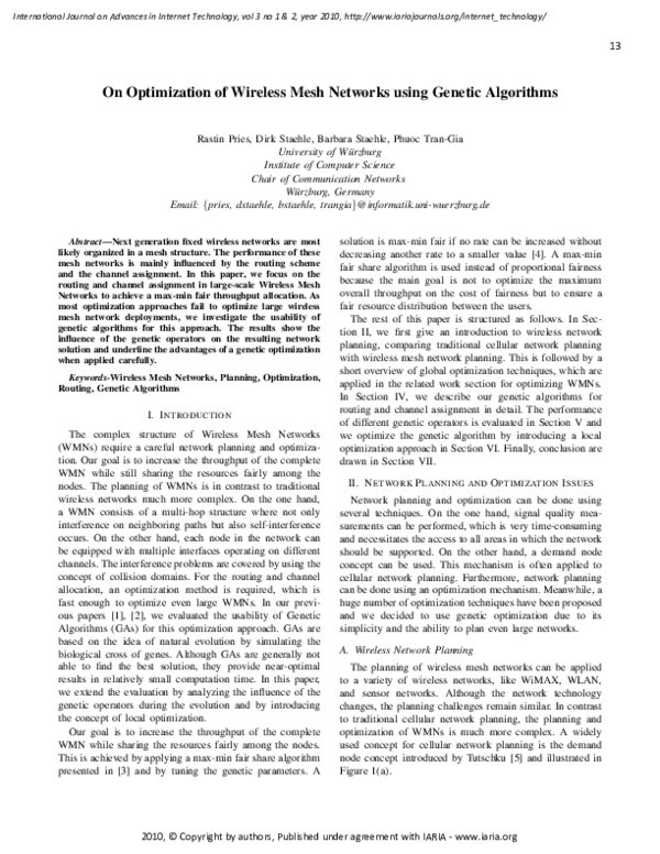 (PDF) On Optimization of Wireless Mesh Networks using Genetic Algorithms