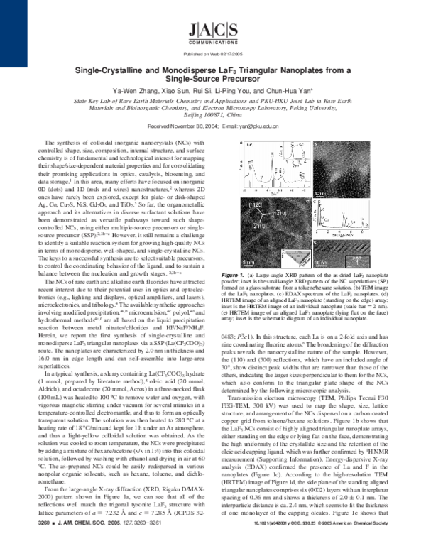 (PDF) Single-Crystalline and Monodisperse LaF 3 Triangular Nanoplates ...