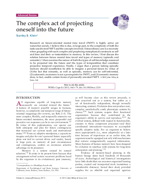 (PDF) The complex act of projecting oneself into the future | Stanley ...