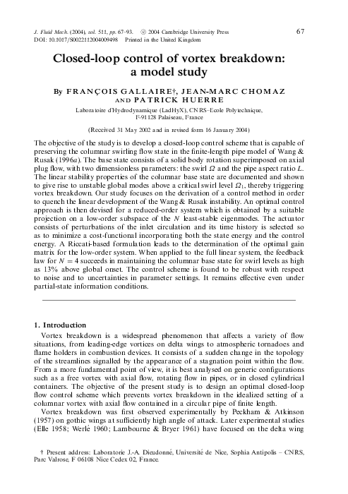 (PDF) Closed-loop control of vortex breakdown: a model study