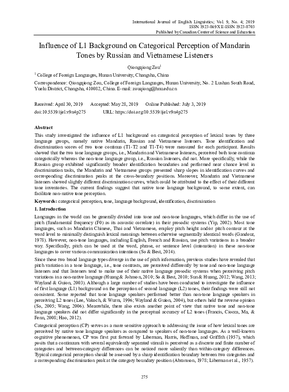 (PDF) Perception of Mandarin Tones: The Effect of L1 Background and ...