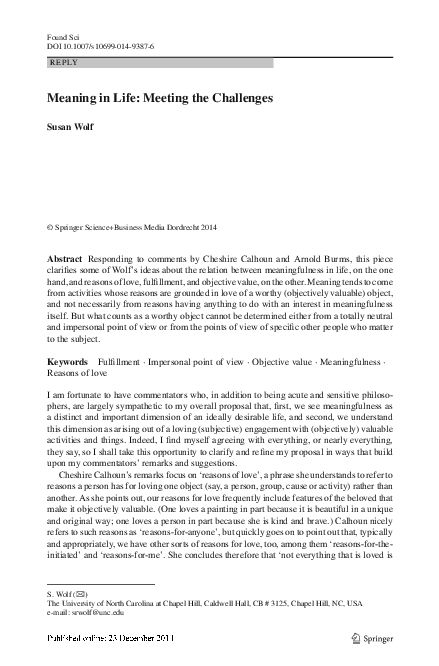 PDF Meaning In Life Meeting The Challenges Susan Wolf Academia edu