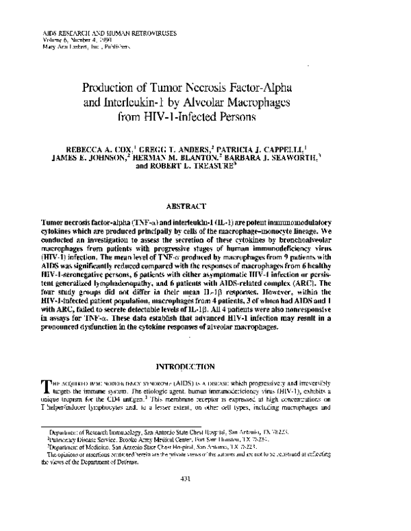 (PDF) Production of Tumor Necrosis Factor-Alpha and Interleukin-1 by ...
