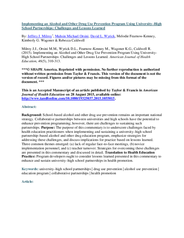 (PDF) Implementing an Alcohol and Other Drug Use Prevention Program ...