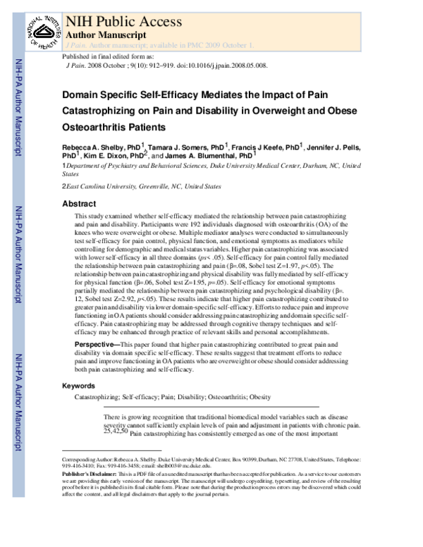 (PDF) 242 Domain Specific Self-Efficacy Mediates the Impact of Pain ...