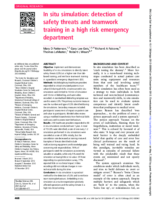 (PDF) In situ simulation: detection of safety threats and teamwork ...