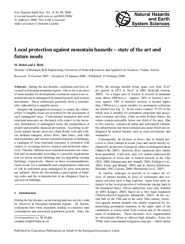 (PDF) Local protection against mountain hazards – state of the art and ...