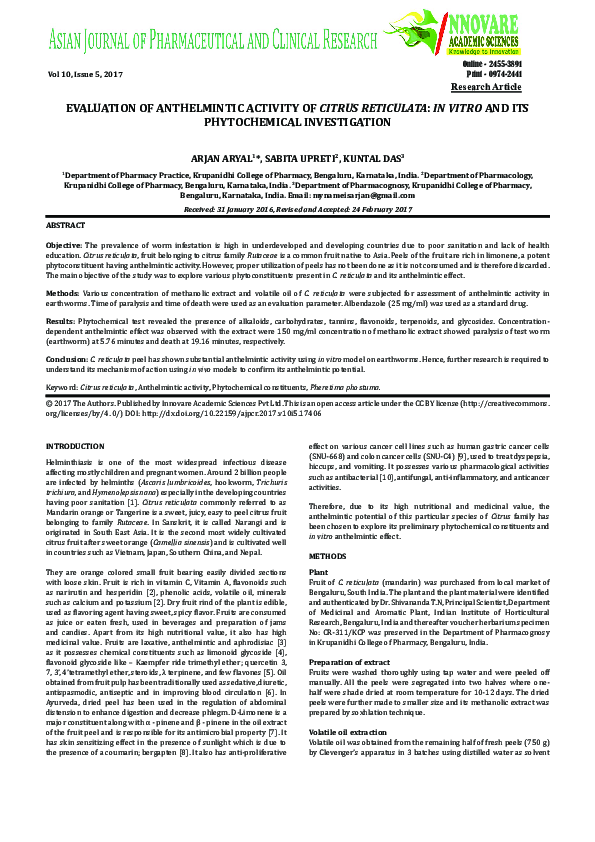 (PDF) Evaluation of Anthelmintic Activity of Citrus Reticulata: In ...