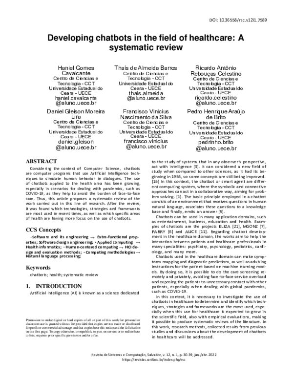 (PDF) Developing chatbots in the field of healthcare: A systematic review