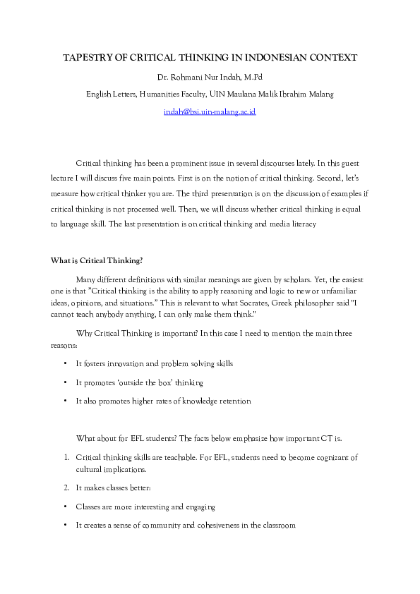 (PDF) Tapestry of critical thinking in Indonesian context