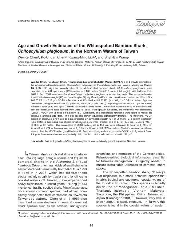 (PDF) Age and growth estimates of the whitespotted bamboo shark
