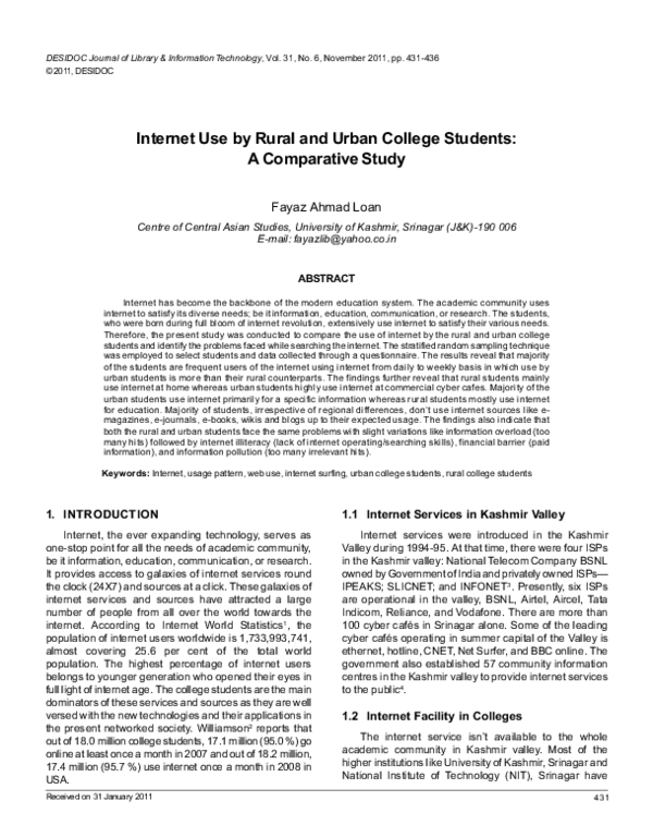 (PDF) Internet Use by Rural and Urban College Students: A Comparative Study