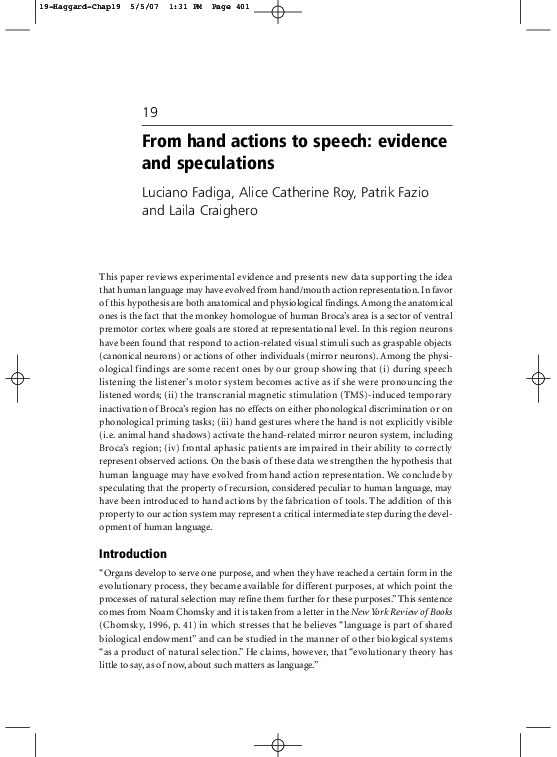 (PDF) From hand actions to speech evidence and speculations laila