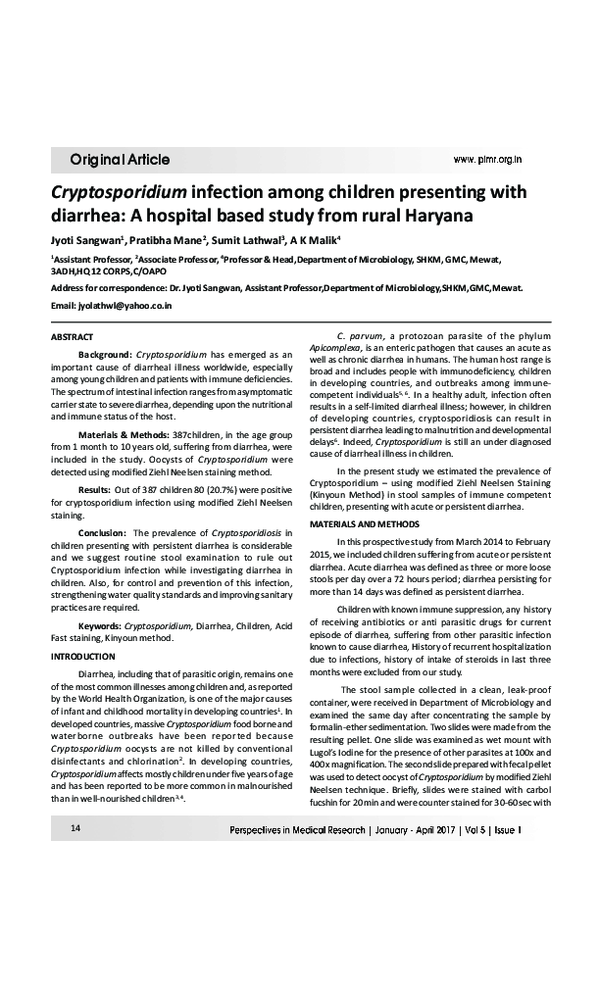 (PDF) Cryptosporidium infection among children presenting with diarrhea ...