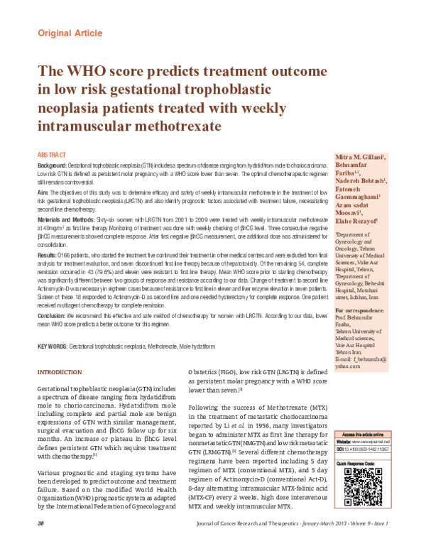 (PDF) The WHO score predicts treatment outcome in low risk gestational ...