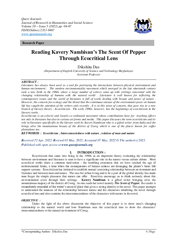 (PDF) Reading Kavery Nambisan's The Scent Of Pepper Through Ecocritical Lens QUEST JOURNALS