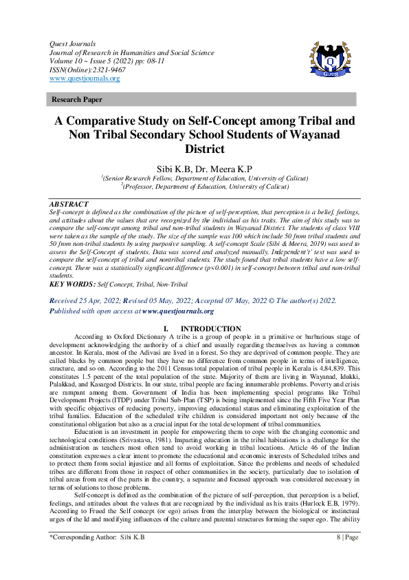 (PDF) A Comparative Study on Self-Concept among Tribal and Non Tribal ...