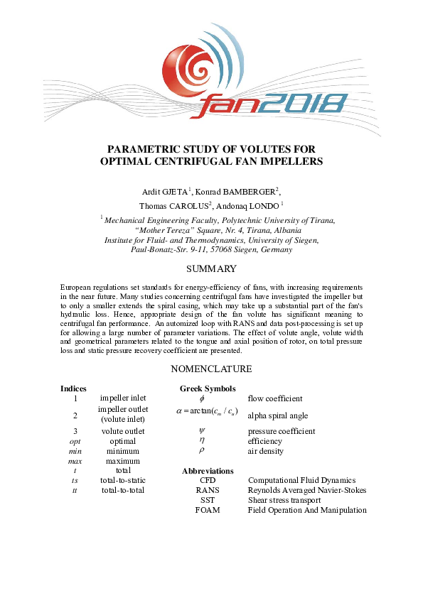 (PDF) Parametric Study of Volutes for Optimal Centrifugal Fan Impellers