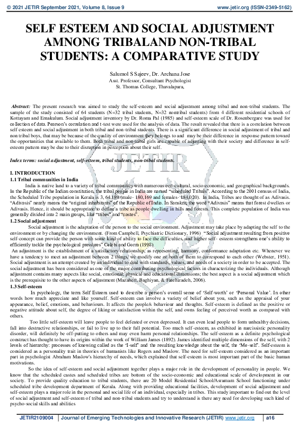 (PDF) Selfesteem And Social Adjustment Among Tribal And NonTribal