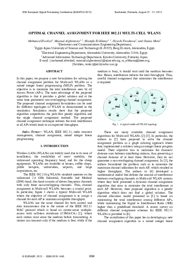 (PDF) Optimal Channel Assignment For Ieee 802.11 Multi-Cell Wlans