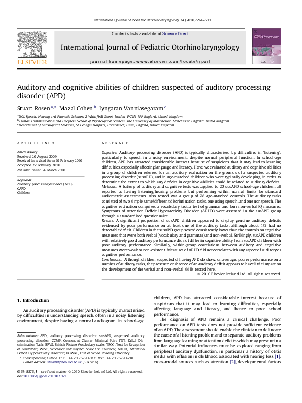 (PDF) Auditory and cognitive abilities of children suspected of ...