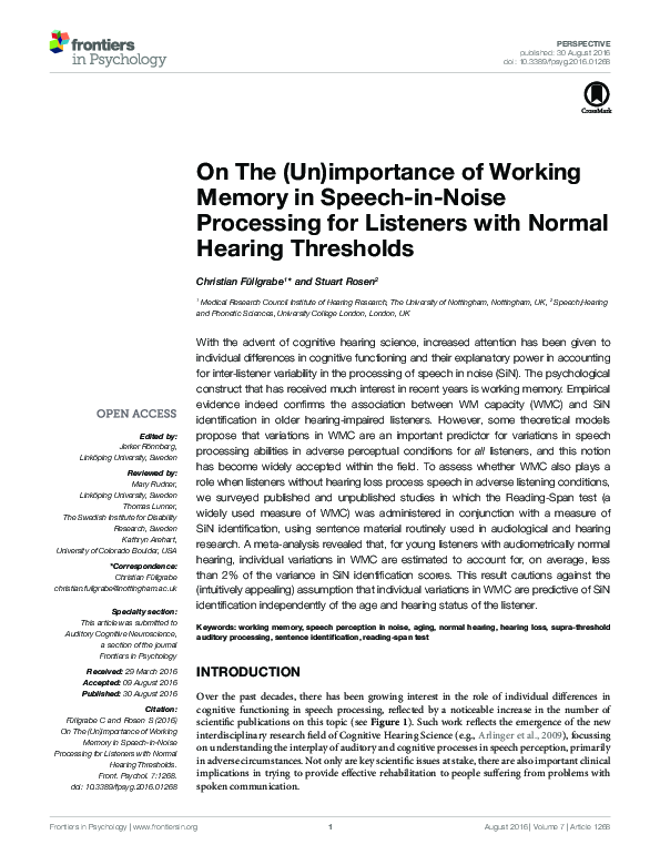 (PDF) On The (Un)importance of Working Memory in Speech-in-Noise ...
