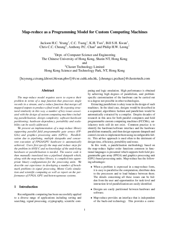 (PDF) Map-reduce as a Programming Model for Custom Computing Machines