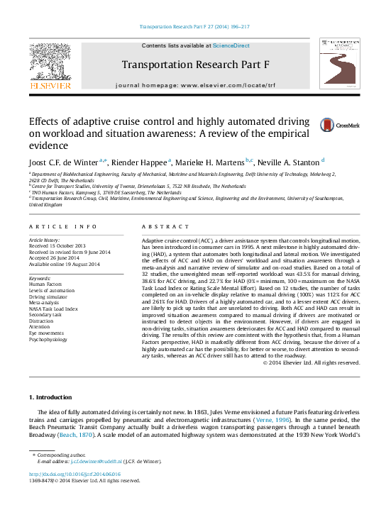(PDF) Effects of adaptive cruise control and highly automated driving