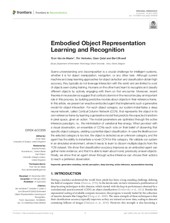 (PDF) Embodied Object Representation Learning and Recognition