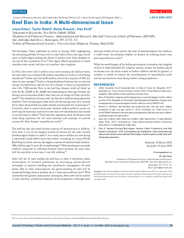 (PDF) Beef Ban in India: A Multi-dimensional Issue