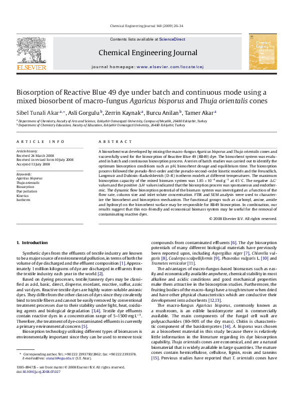 (PDF) Biosorption of Reactive Blue 49 dye under batch and continuous ...