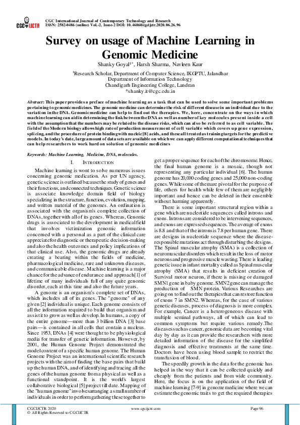 (PDF) Survey on usage of Machine Learning in Genomic Medicine