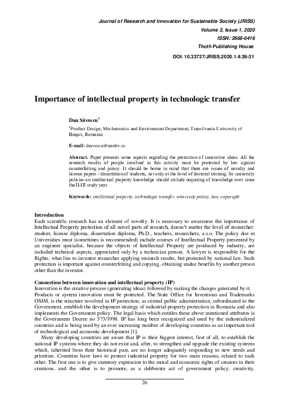 (PDF) Importance of Intellectual Property in Technologic Transfer