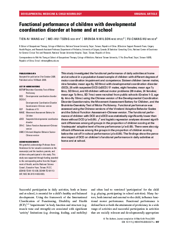 (PDF) Functional performance of children with developmental ...