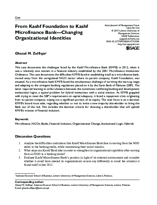 (PDF) From Kashf Foundation to Kashf Microfinance Bank—Changing
