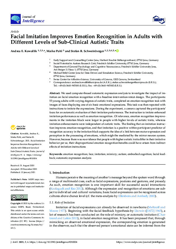 (PDF) Facial Imitation Improves Emotion Recognition in Adults with ...