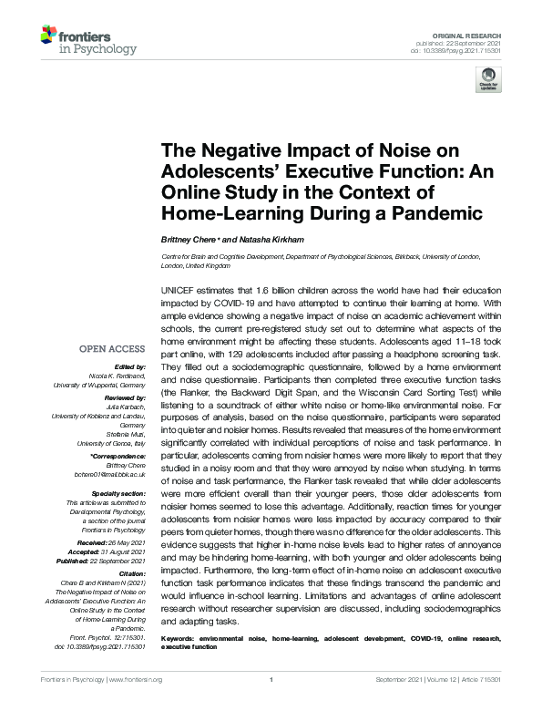 (PDF) The Negative Impact of Noise on Adolescents’ Executive Function ...