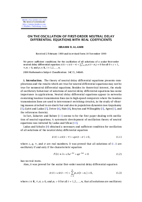 (PDF) On the oscillation of first-order neutral delay differential ...