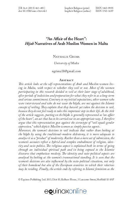(PDF) “An Affair of the Heart”: Hijab Narratives of Arab Muslim Women ...