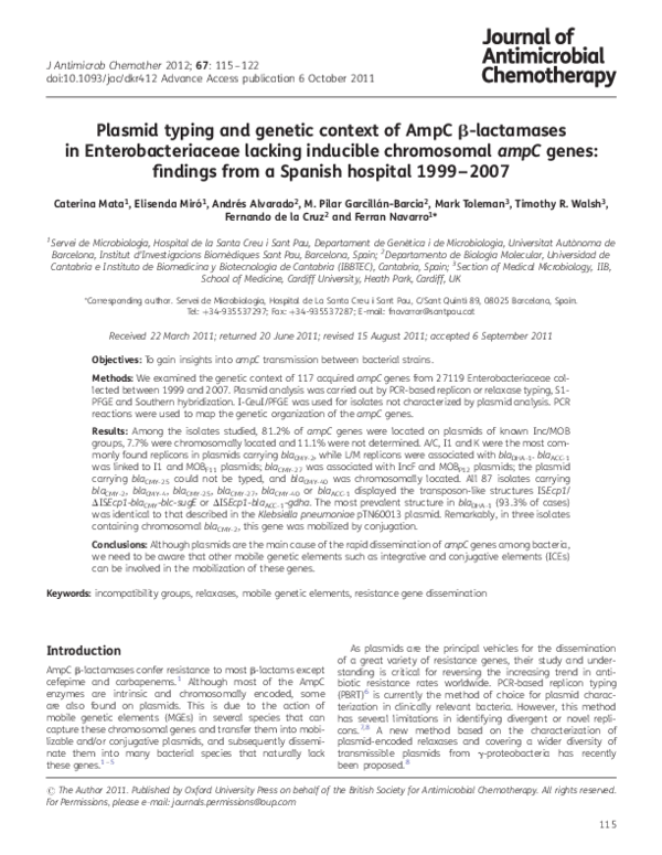 (PDF) Plasmid typing and genetic context of AmpC -lactamases in ...