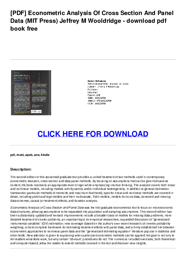 (PDF) Econometric Analysis of Cross Section and Panel Data